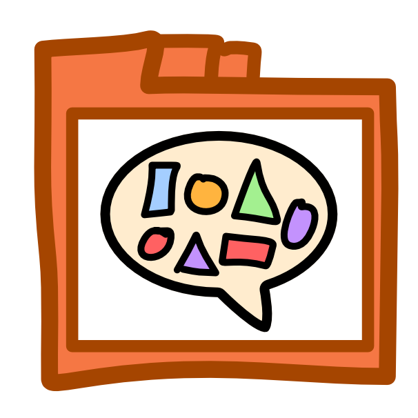 An orange file folder with 3 tabs across the top has a white rectangle on its front, inside the rectangle is a speech bubble with two rows of assorted shapes.